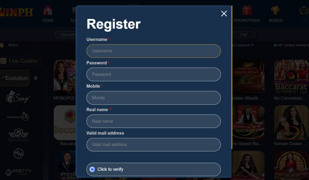 Instructions for playing at Winph live casino lobby
