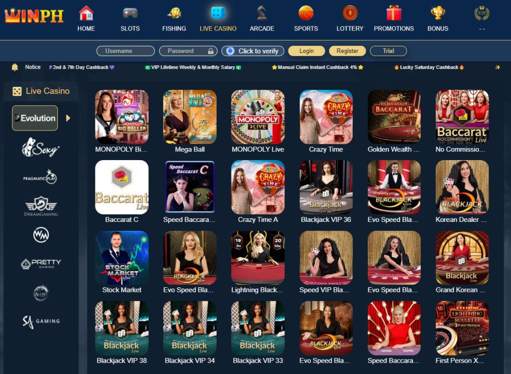 Winph live casino lobby